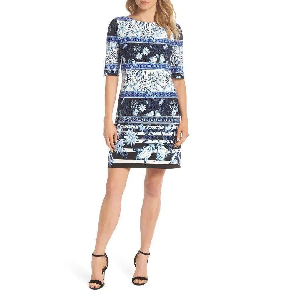 ✨Eliza J Shift Sz 8 Dress Blue Floral Print Elbow Sleeve✨